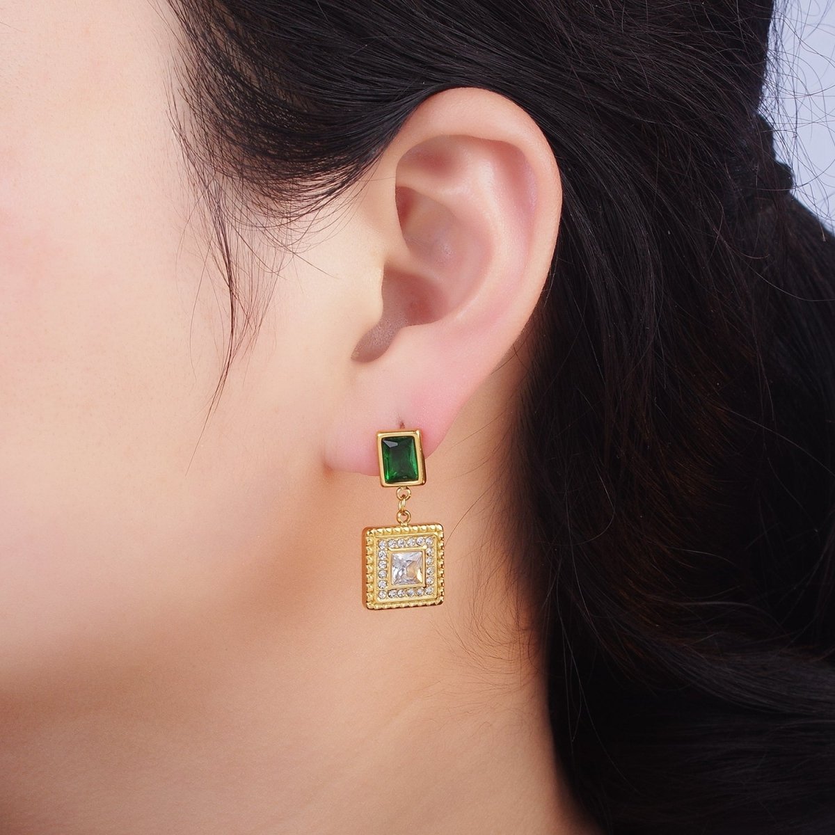 Stainless Steel Clear CZ Micro Paved Dotted Square Green Baguette Drop Stud Earrings | AE455 - DLUXCA