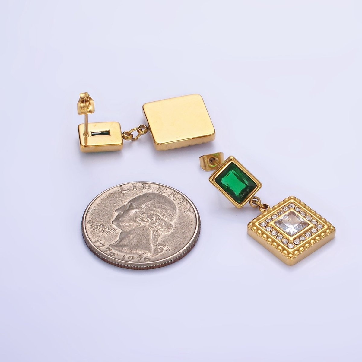 Stainless Steel Clear CZ Micro Paved Dotted Square Green Baguette Drop Stud Earrings | AE455 - DLUXCA
