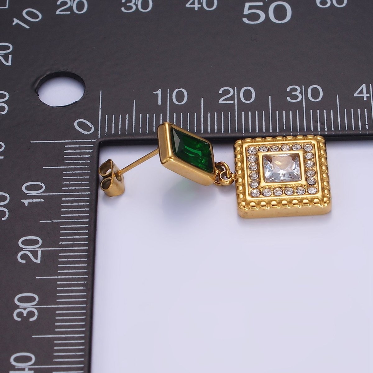 Stainless Steel Clear CZ Micro Paved Dotted Square Green Baguette Drop Stud Earrings | AE455 - DLUXCA