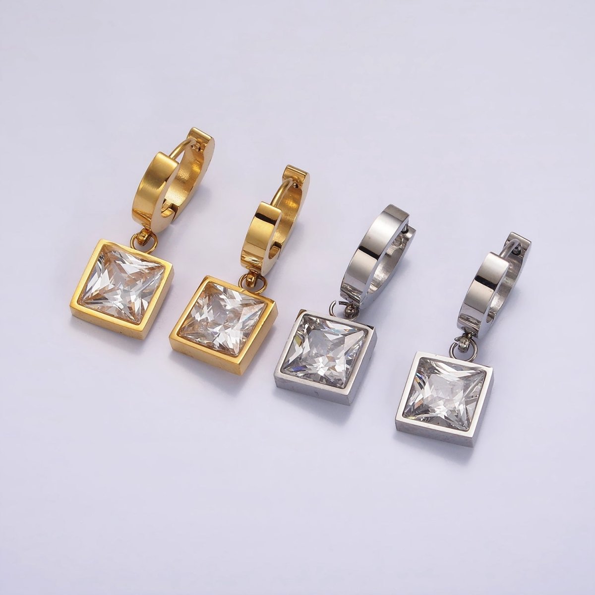 Stainless Steel Clear CZ Square Drop Huggie Earrings in Gold & Silver | AE397 AE398 - DLUXCA