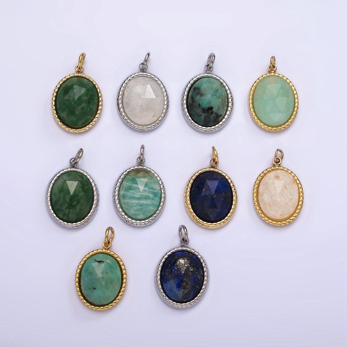Stainless Steel Clear Quartz, Amazonite, Zoisite, Aventurine, Lapis Lazuli Bezel Oval Charm in Silver & Gold | P688 - P697 - DLUXCA