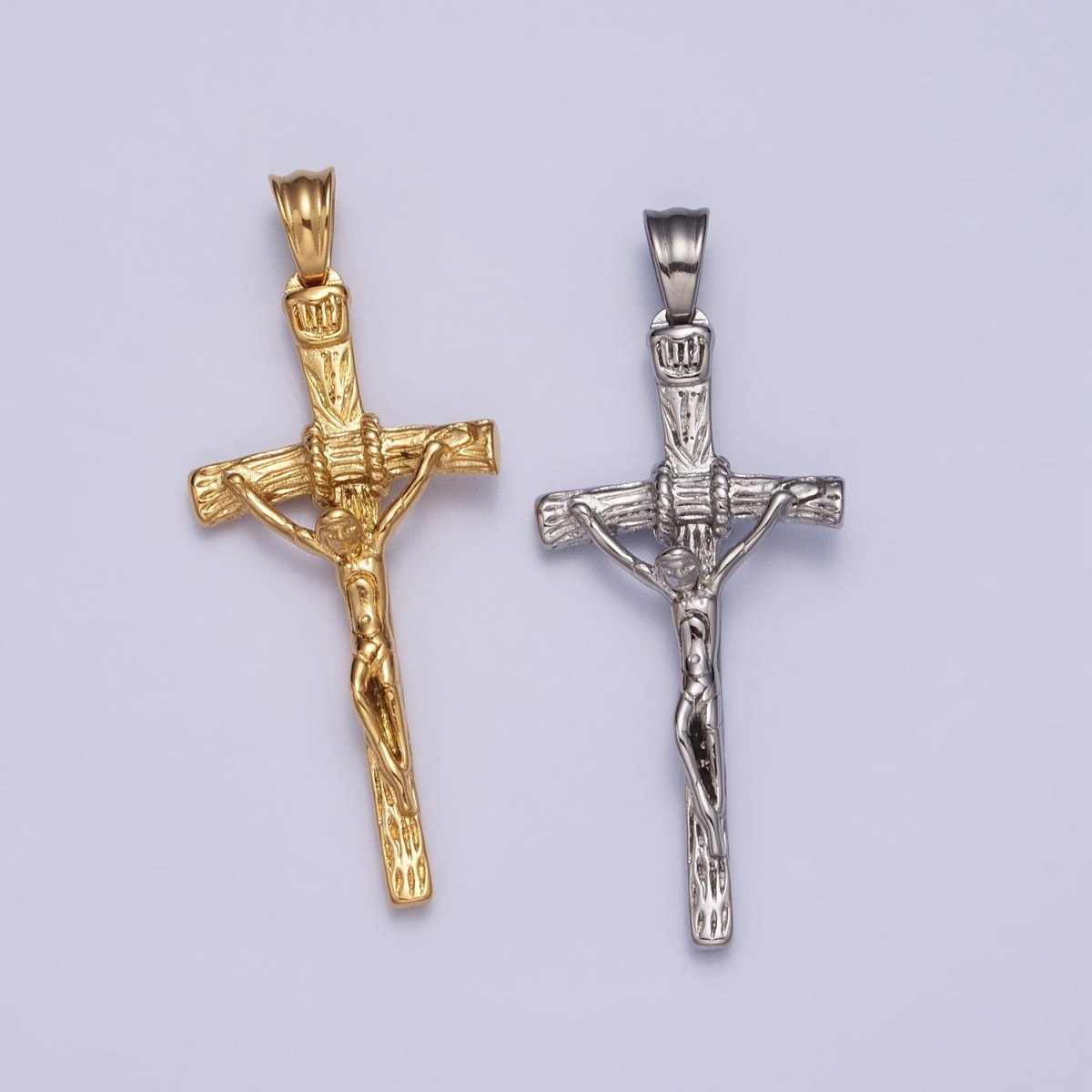 Stainless Steel Crucifix Cross Wood Textured Pendant in Silver & Gold P-1145 - DLUXCA