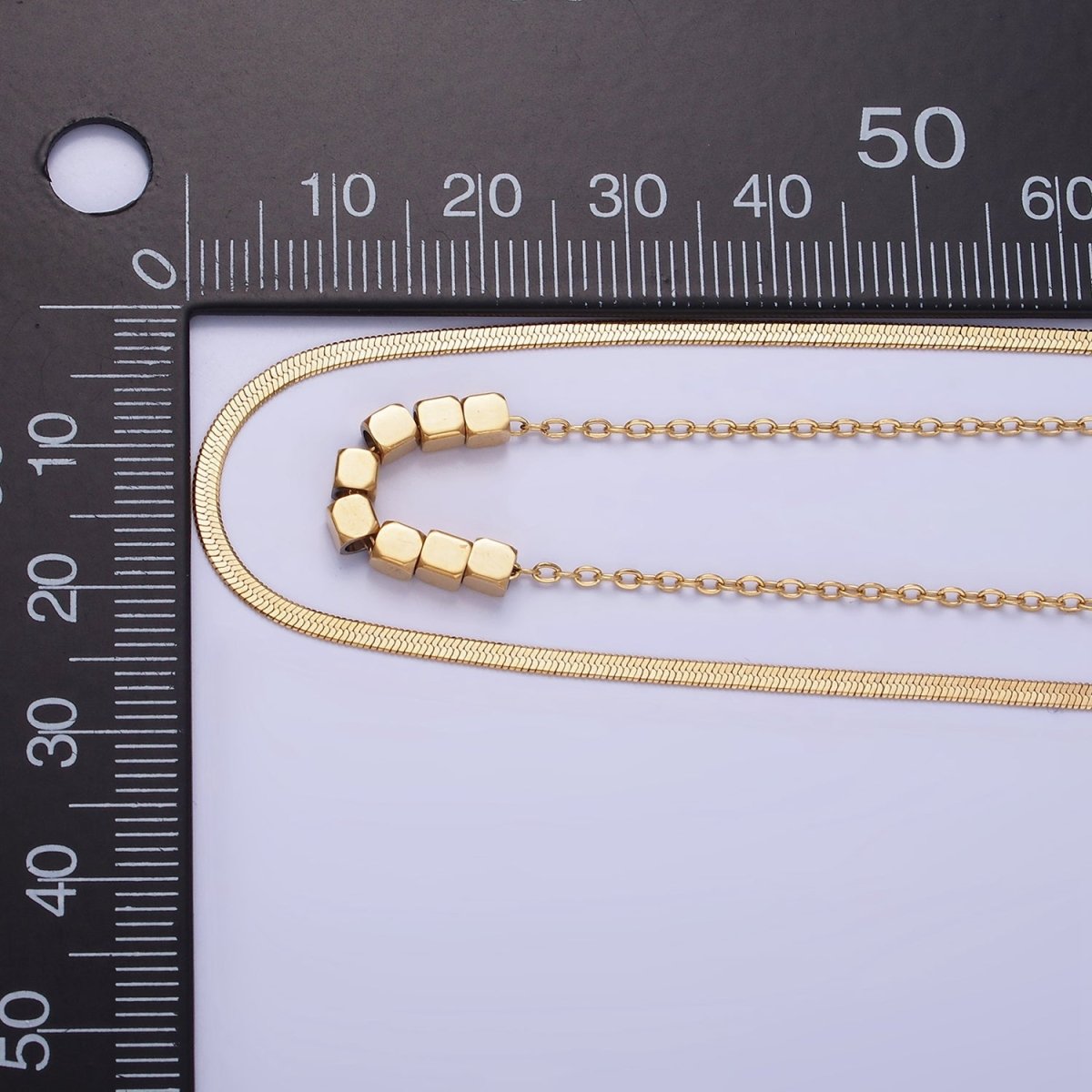 Stainless Steel Cube Cable Herringbone Chain Double Layer Necklace w. Extender in Gold & Silver | WA-2490 WA-2491 - DLUXCA