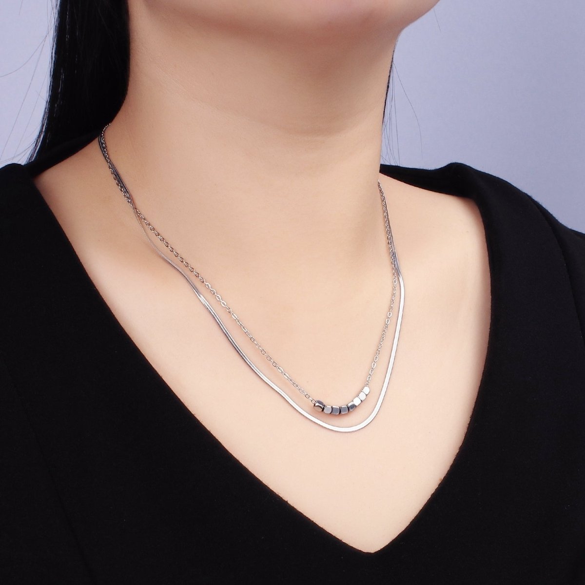 Stainless Steel Cube Cable Herringbone Chain Double Layer Necklace w. Extender in Gold & Silver | WA-2490 WA-2491 - DLUXCA