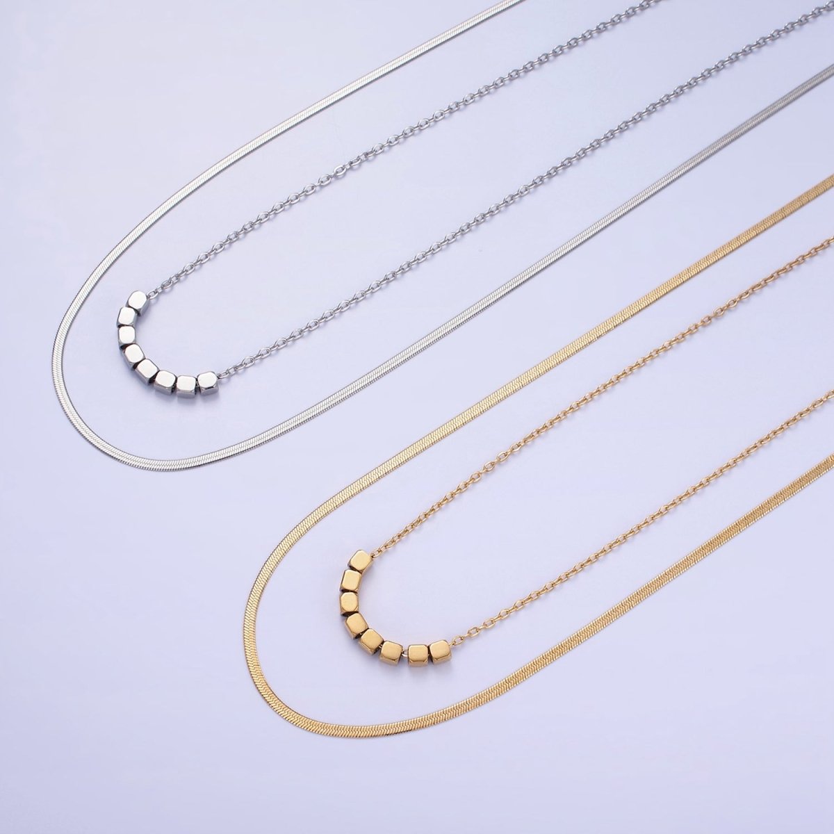 Stainless Steel Cube Cable Herringbone Chain Double Layer Necklace w. Extender in Gold & Silver | WA-2490 WA-2491 - DLUXCA