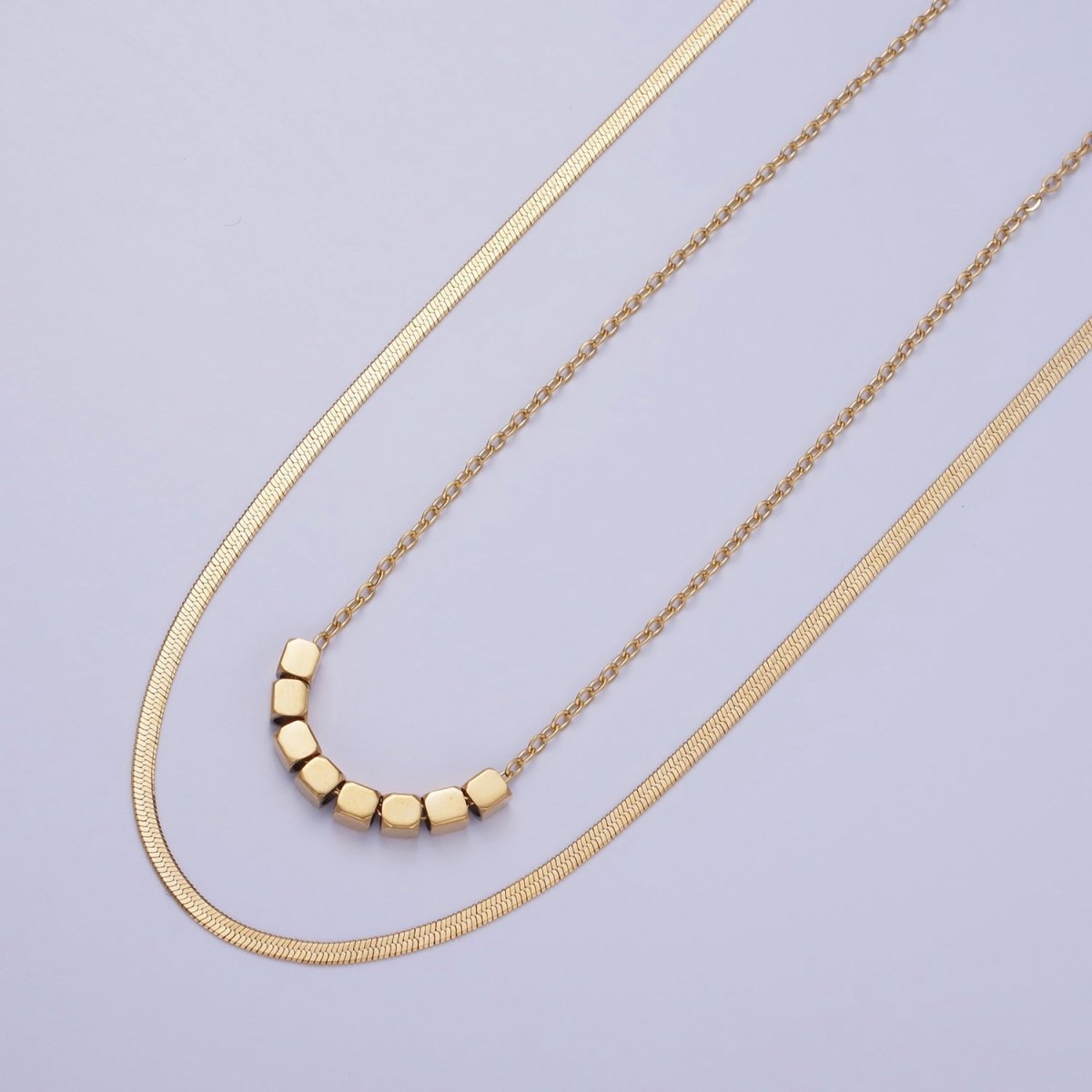 Stainless Steel Cube Cable Herringbone Chain Double Layer Necklace w. Extender in Gold & Silver | WA-2490 WA-2491 - DLUXCA