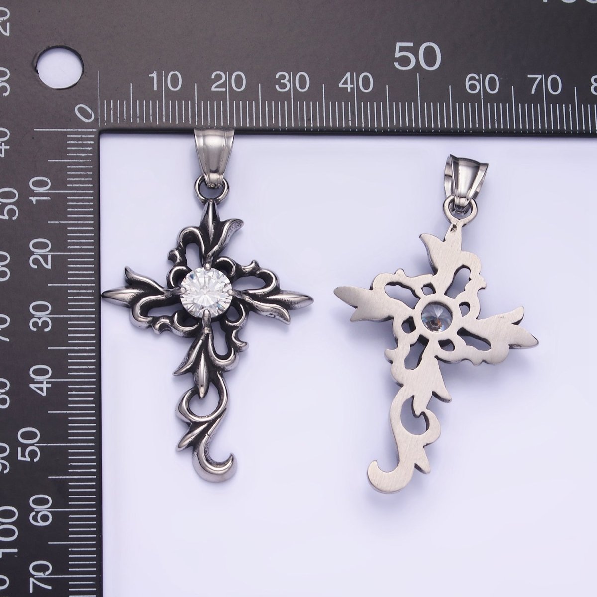 Stainless Steel CZ Elaborate Artisan Cross Oxidized Silver Pendant | P1422 - DLUXCA
