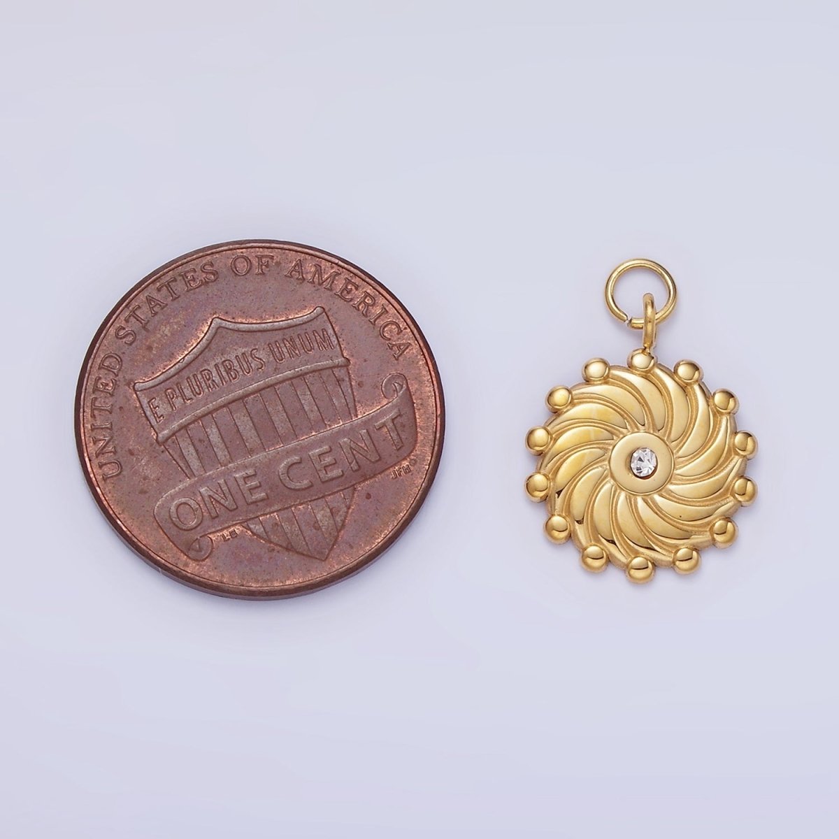 Stainless Steel CZ Lined Spiral Dotted Round Charm | P963 - DLUXCA