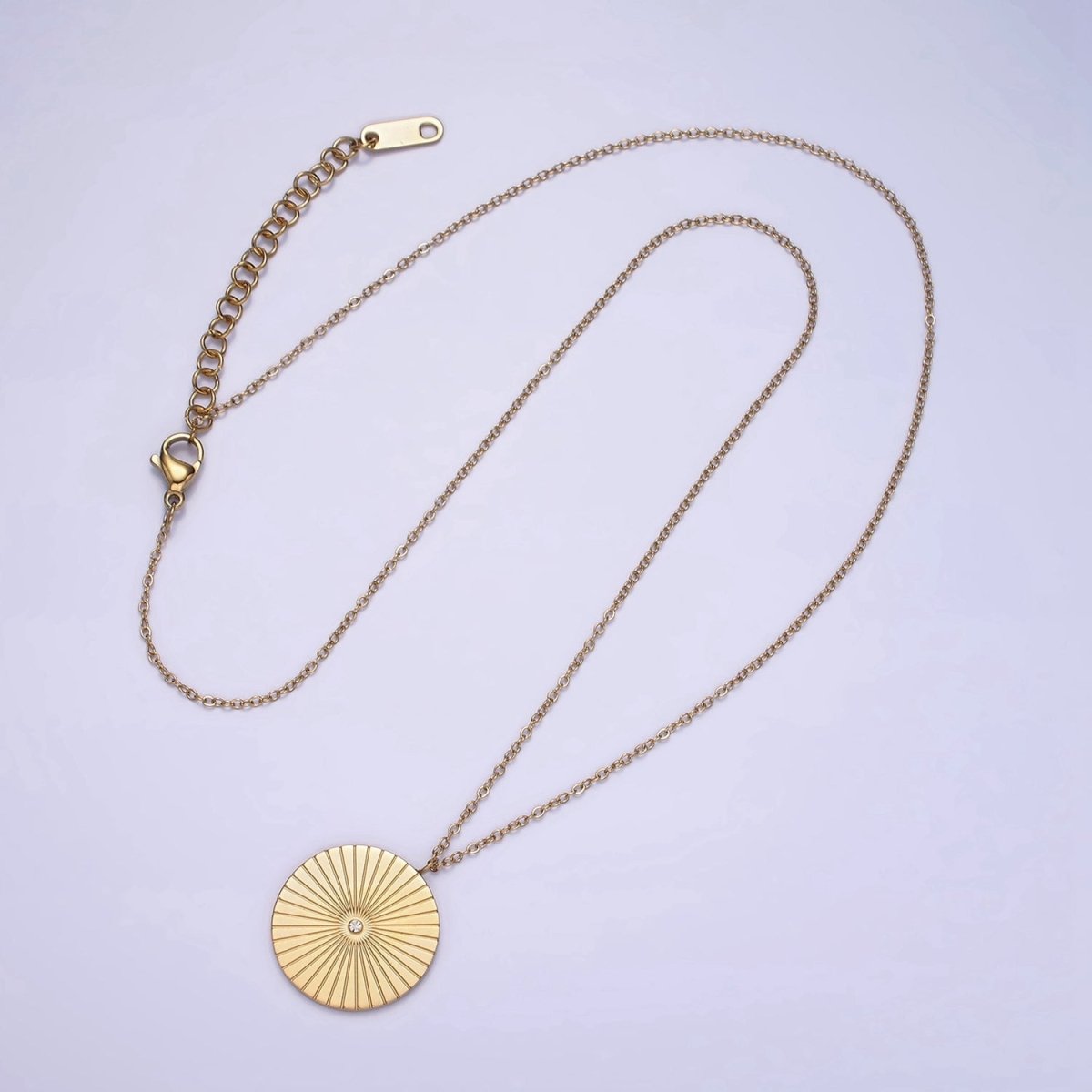 Stainless Steel CZ Lined Sunburst Round Charm 20 Inch Cable Chain Layering Necklace | WA-2036 Clearance Pricing - DLUXCA