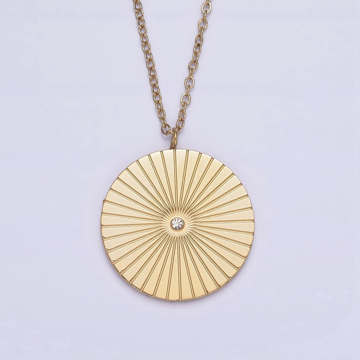 Stainless Steel CZ Lined Sunburst Round Charm 20 Inch Cable Chain Layering Necklace | WA-2036 Clearance Pricing - DLUXCA