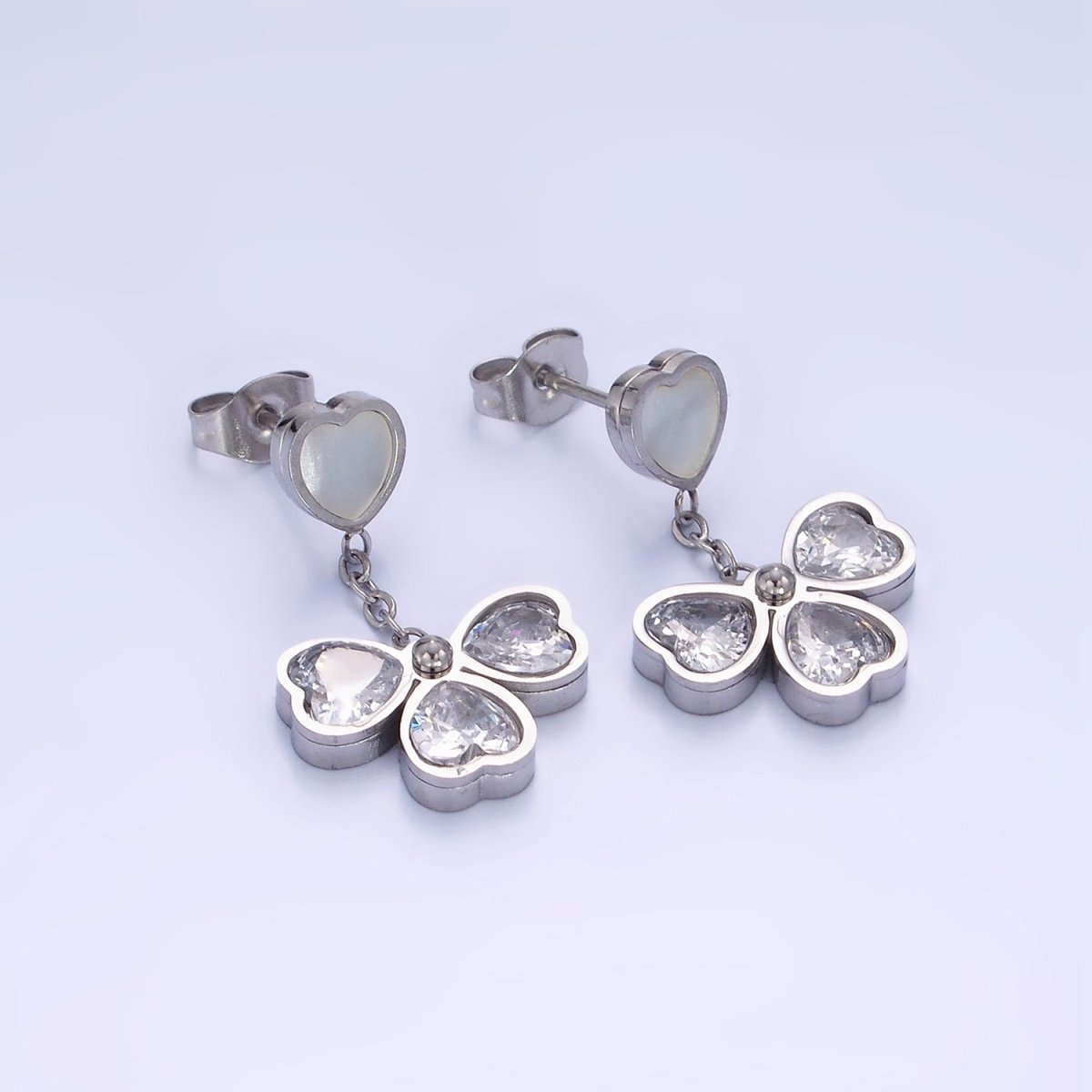 Stainless Steel CZ Petal Flower Shell Pearl Heart Drop Stud Earrings in Gold & Silver | AE475 AE476 - DLUXCA