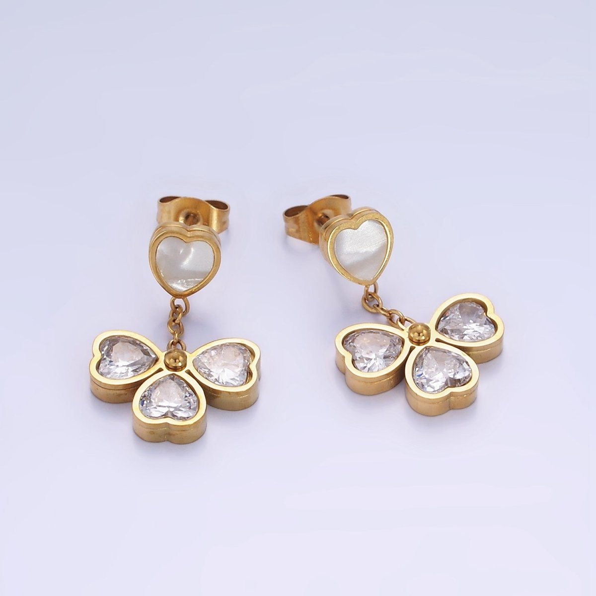 Stainless Steel CZ Petal Flower Shell Pearl Heart Drop Stud Earrings in Gold & Silver | AE475 AE476 - DLUXCA