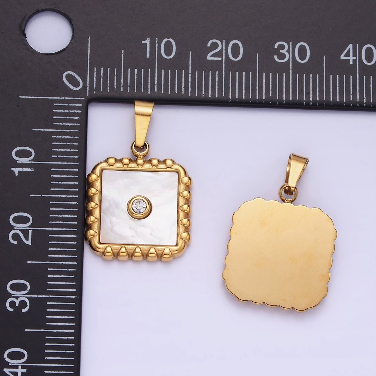 Stainless Steel CZ Shell Pearl Square Edged Bezel Pendant | P1392 - DLUXCA