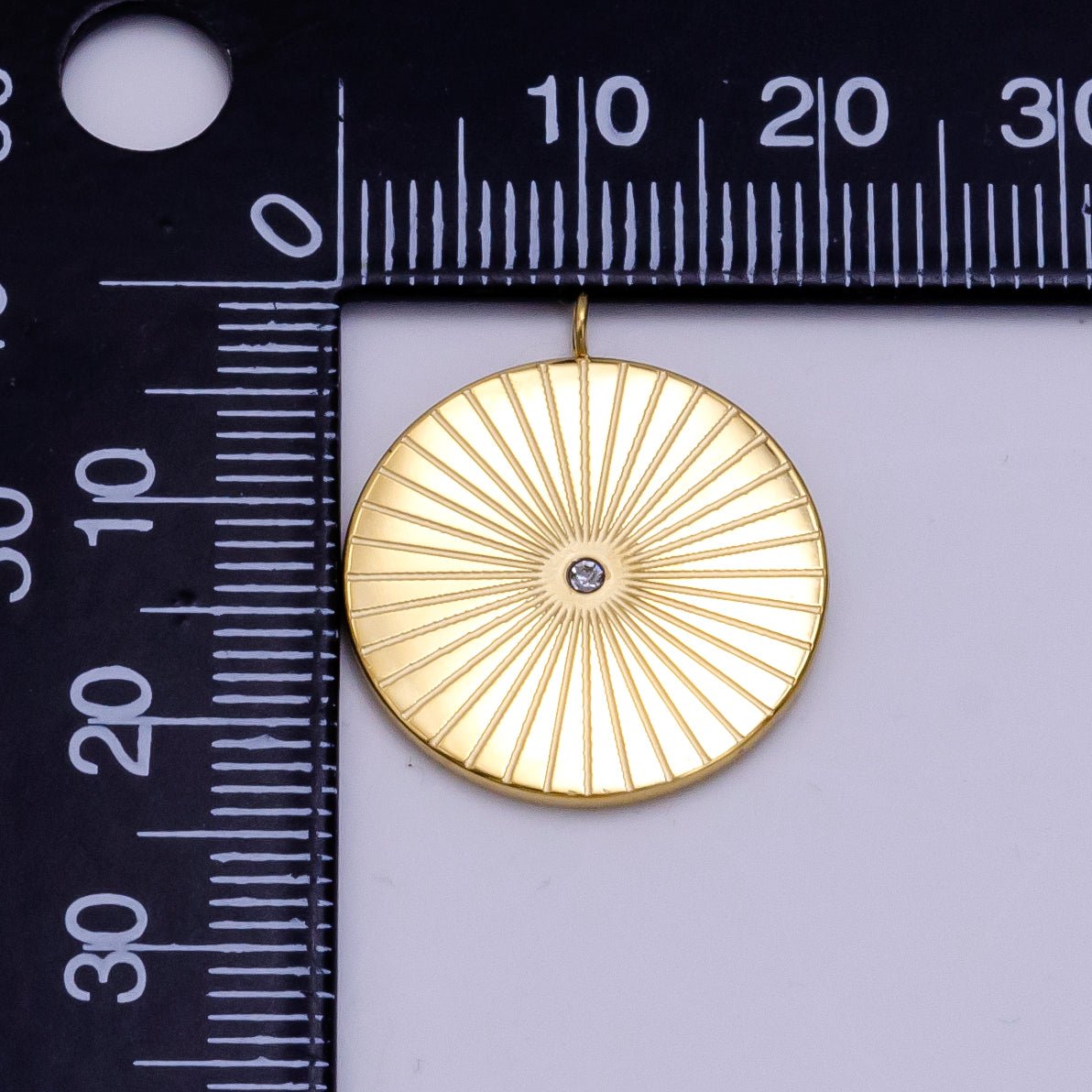 Stainless Steel CZ Sunburst Lined Round Charm | P1255 - DLUXCA