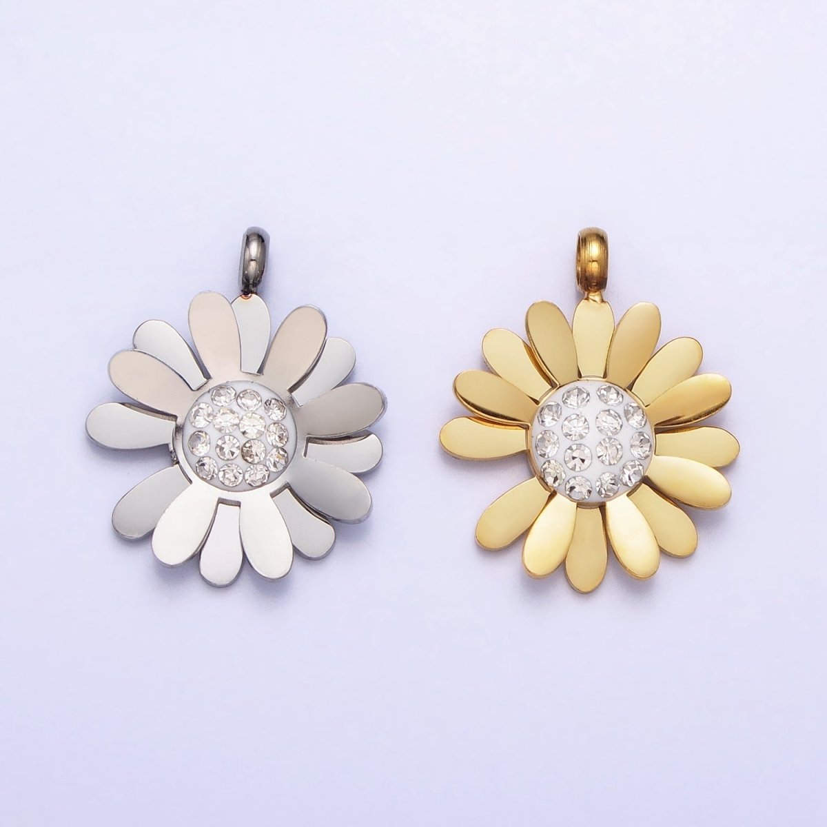 Stainless Steel Daisy Flower Micro Paved Round Summer Spring Charm Pendant in Gold & Silver | P-923 - DLUXCA