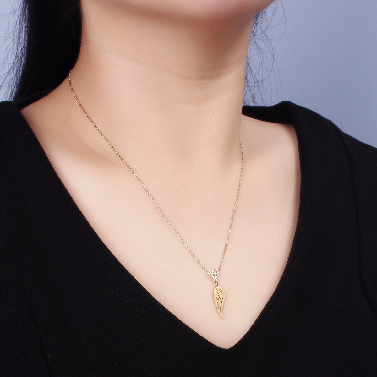 Stainless Steel Diamond Angel Wings Open Charm 17 Inch Cable Chain Necklace | WA-2087 Clearance Pricing - DLUXCA