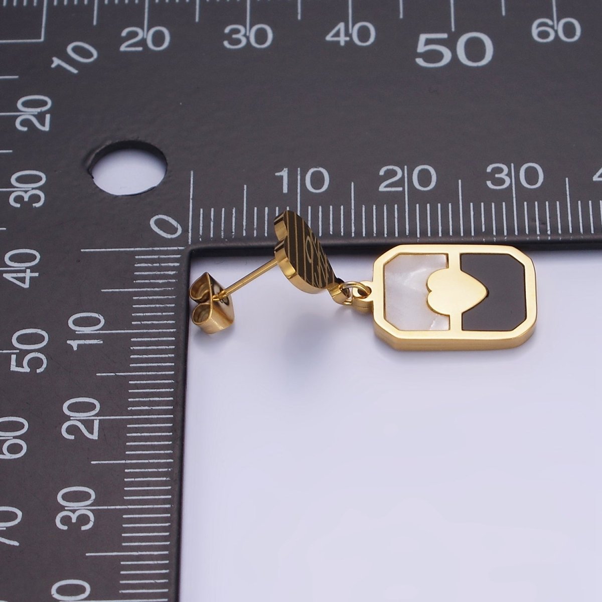 Stainless Steel Double Heart Shell Pearl Black Tag Drop Stud Earrings | AE454 - DLUXCA