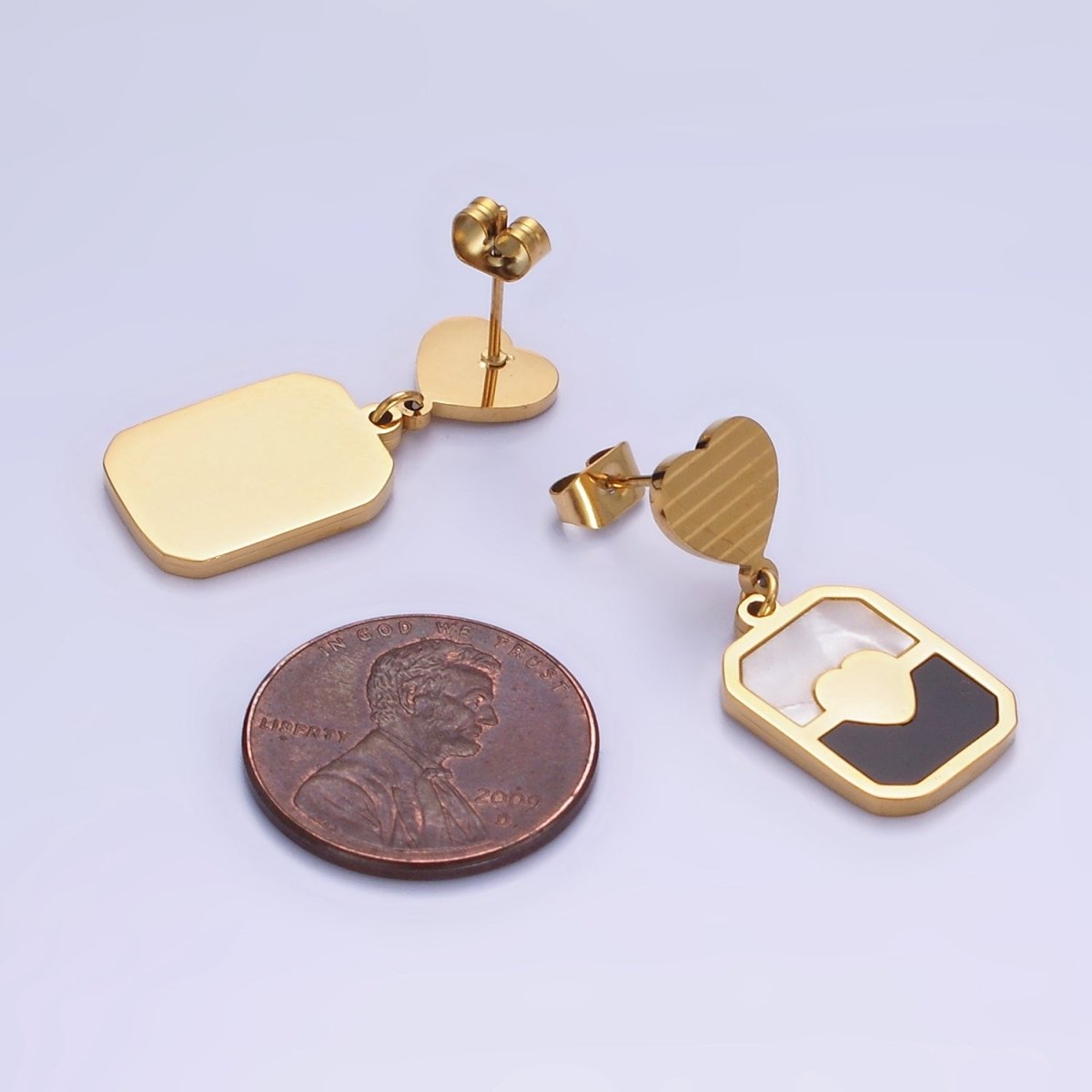 Stainless Steel Double Heart Shell Pearl Black Tag Drop Stud Earrings | AE454 - DLUXCA