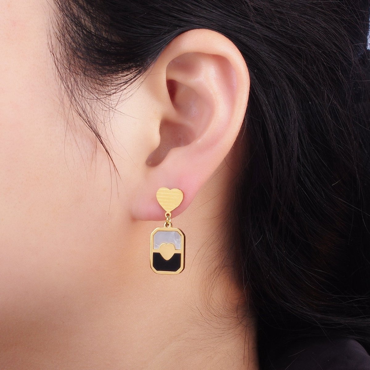 Stainless Steel Double Heart Shell Pearl Black Tag Drop Stud Earrings | AE454 - DLUXCA