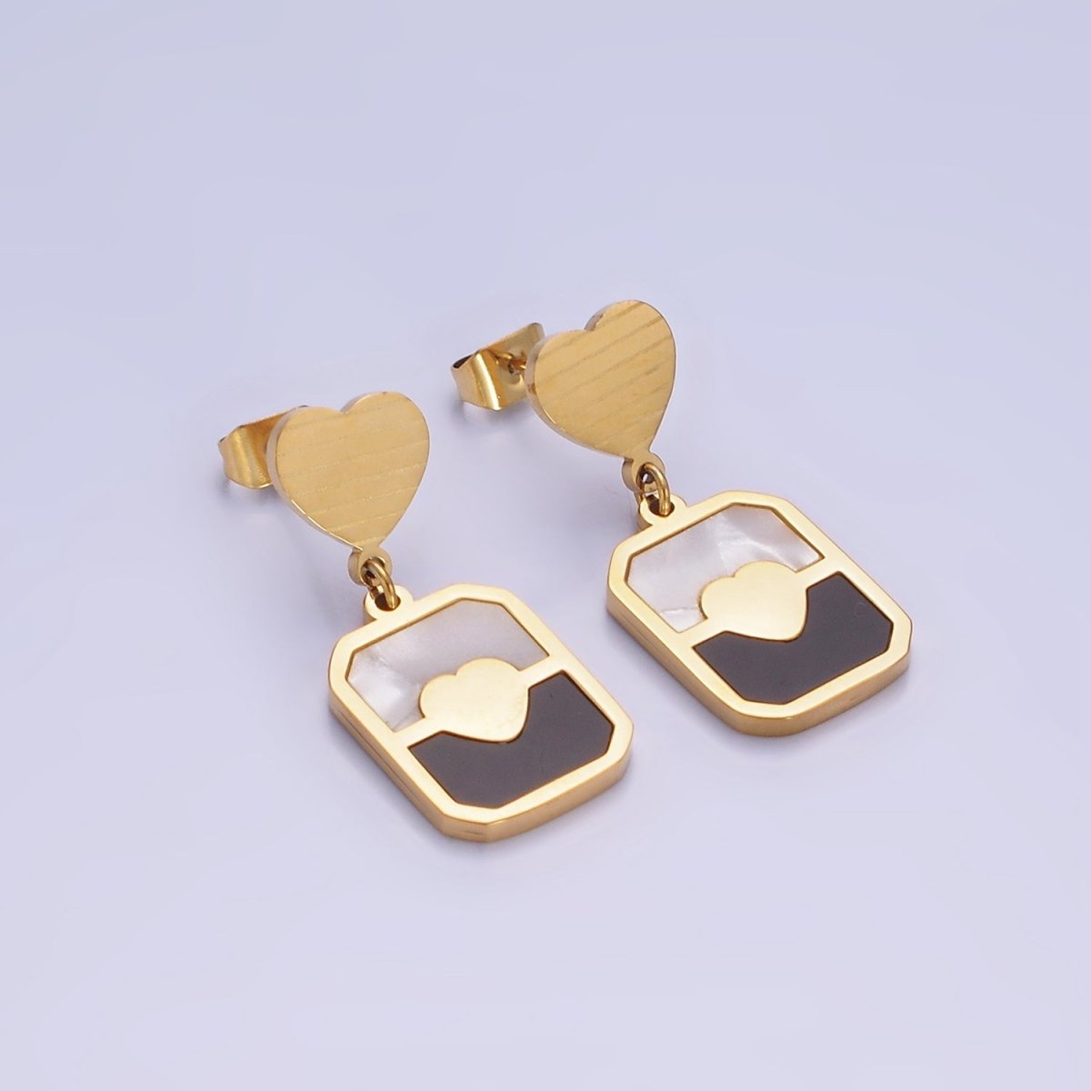 Stainless Steel Double Heart Shell Pearl Black Tag Drop Stud Earrings | AE454 - DLUXCA