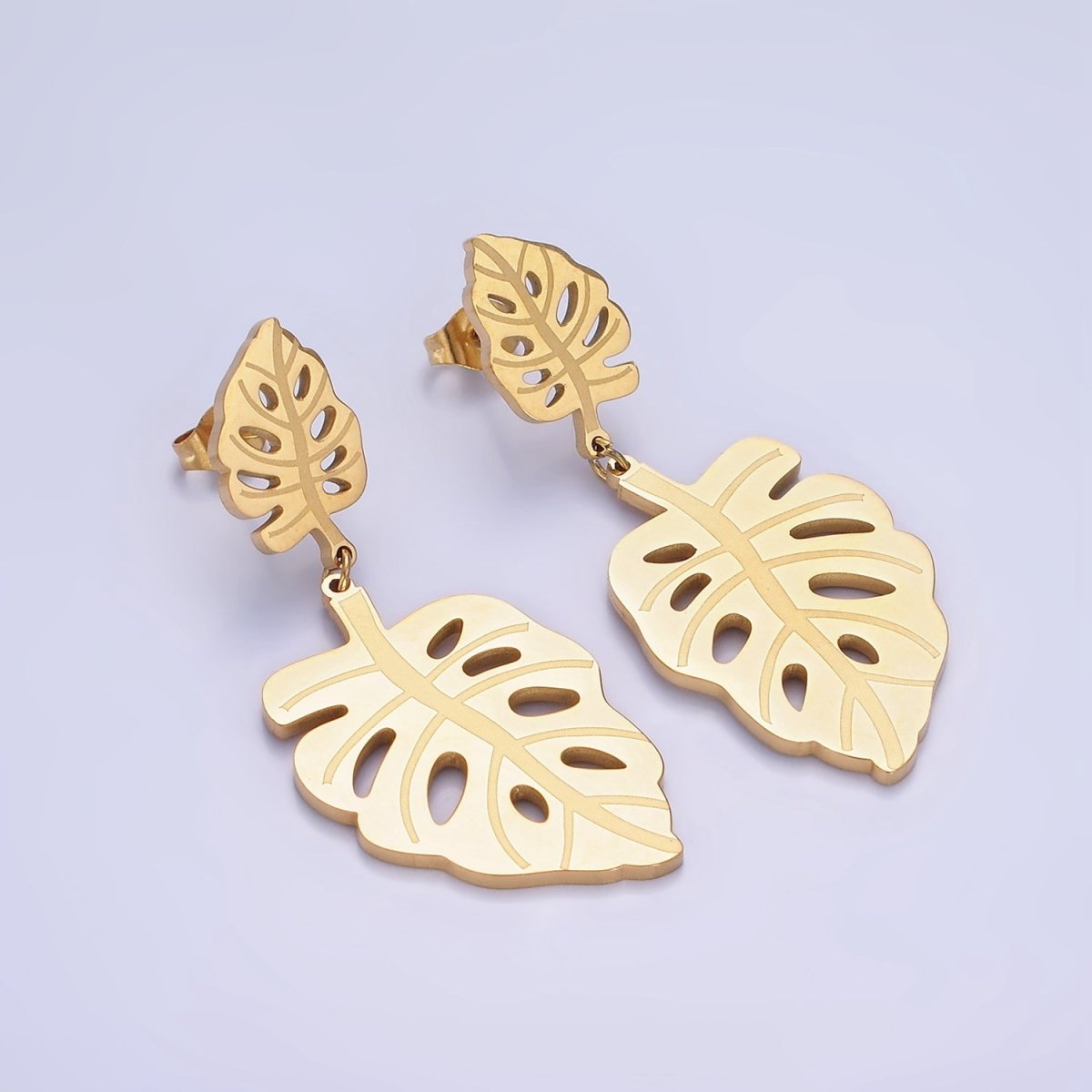 Stainless Steel Double Open Monstera Palm Leaf Nature Drop Stud Earrings in Gold & Silver | AE479 AE480 - DLUXCA