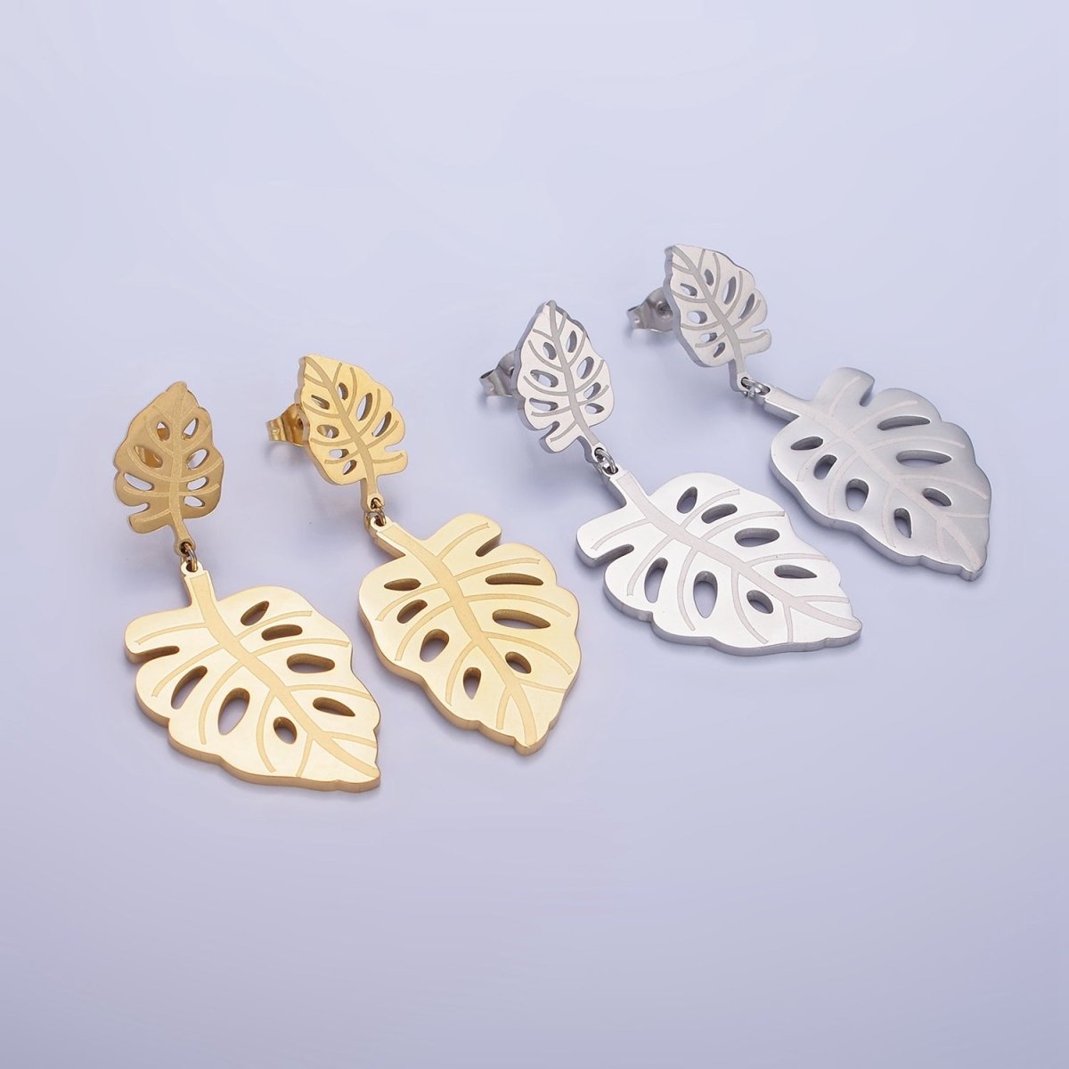 Stainless Steel Double Open Monstera Palm Leaf Nature Drop Stud Earrings in Gold & Silver | AE479 AE480 - DLUXCA