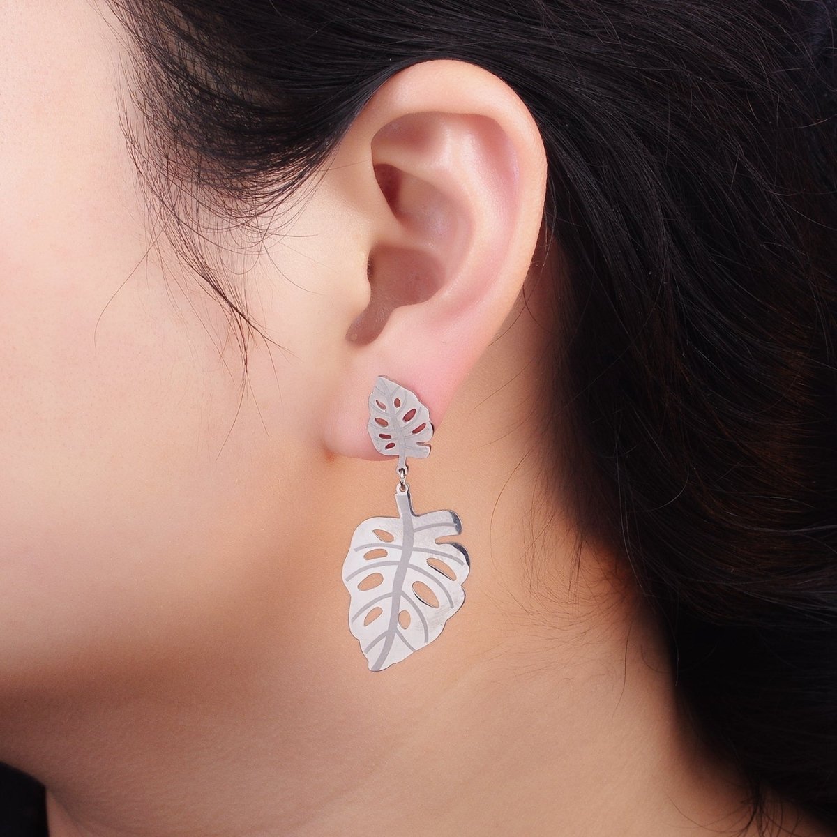 Stainless Steel Double Open Monstera Palm Leaf Nature Drop Stud Earrings in Gold & Silver | AE479 AE480 - DLUXCA
