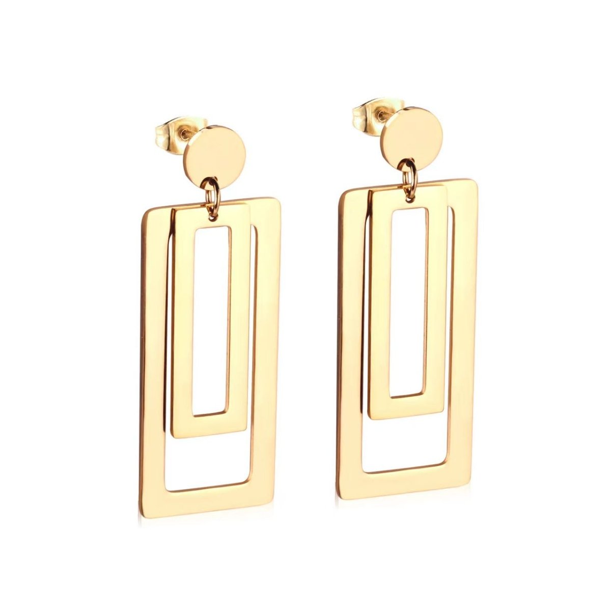 Stainless Steel Double Rectangular Drop Dangle Round Stud Earrings in Gold & Silver | AB537 - DLUXCA
