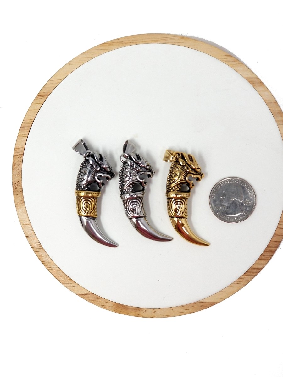 Stainless Steel Dragon Claw Pendant, Dragon Tooth Charm Tusk Pendant Guy necklace, horn pendant, dragon pendant, Silver dragon Pendant J-537 - DLUXCA
