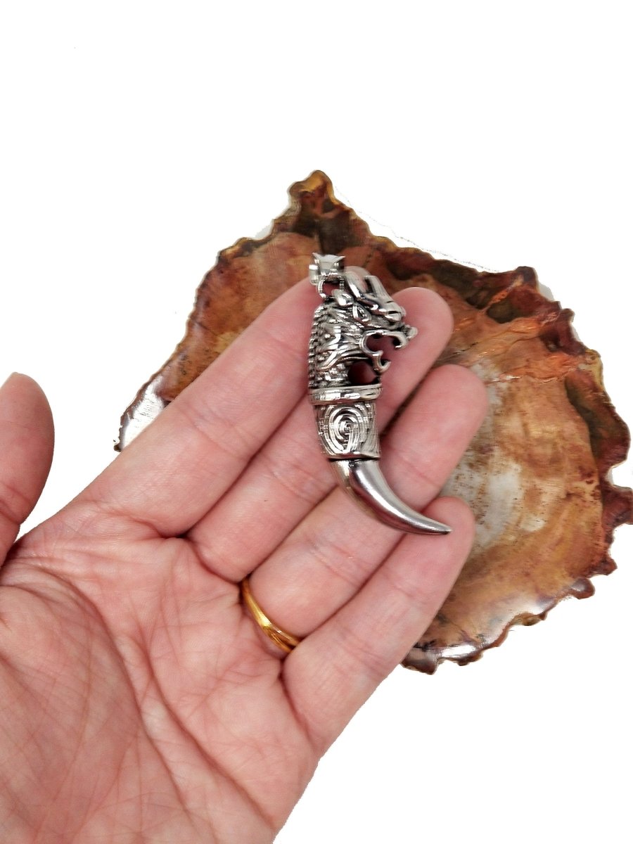 Stainless Steel Dragon Claw Pendant, Dragon Tooth Charm Tusk Pendant Guy necklace, horn pendant, dragon pendant, Silver dragon Pendant J-537 - DLUXCA