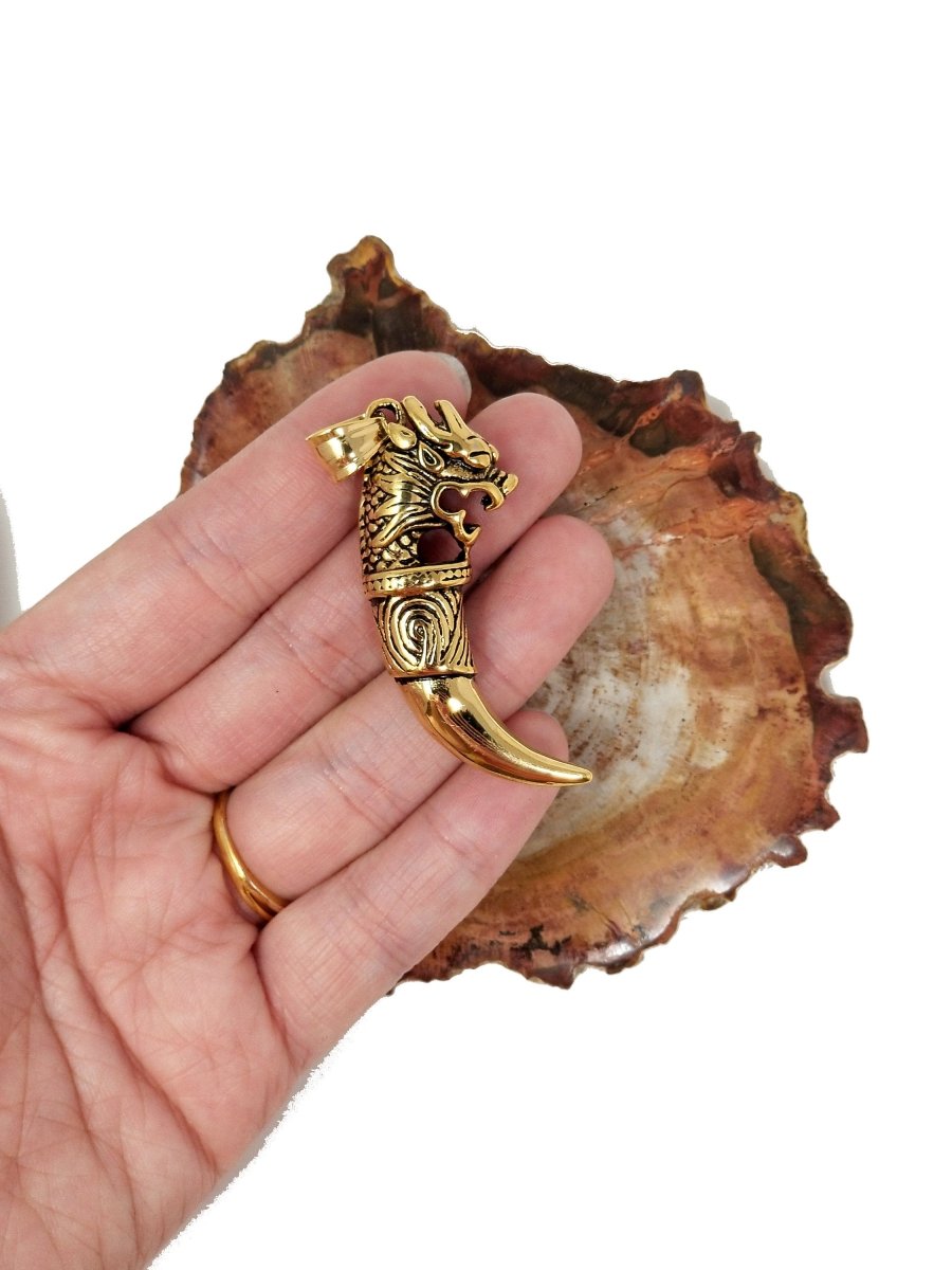 Stainless Steel Dragon Claw Pendant, Dragon Tooth Charm Tusk Pendant Guy necklace, horn pendant, dragon pendant, Silver dragon Pendant J-537 - DLUXCA
