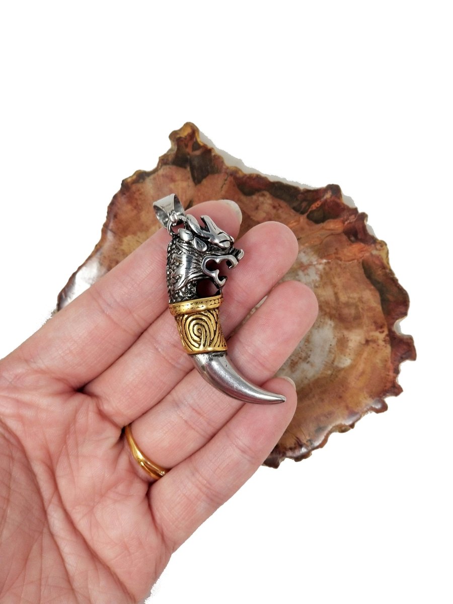Stainless Steel Dragon Claw Pendant, Dragon Tooth Charm Tusk Pendant Guy necklace, horn pendant, dragon pendant, Silver dragon Pendant J-537 - DLUXCA