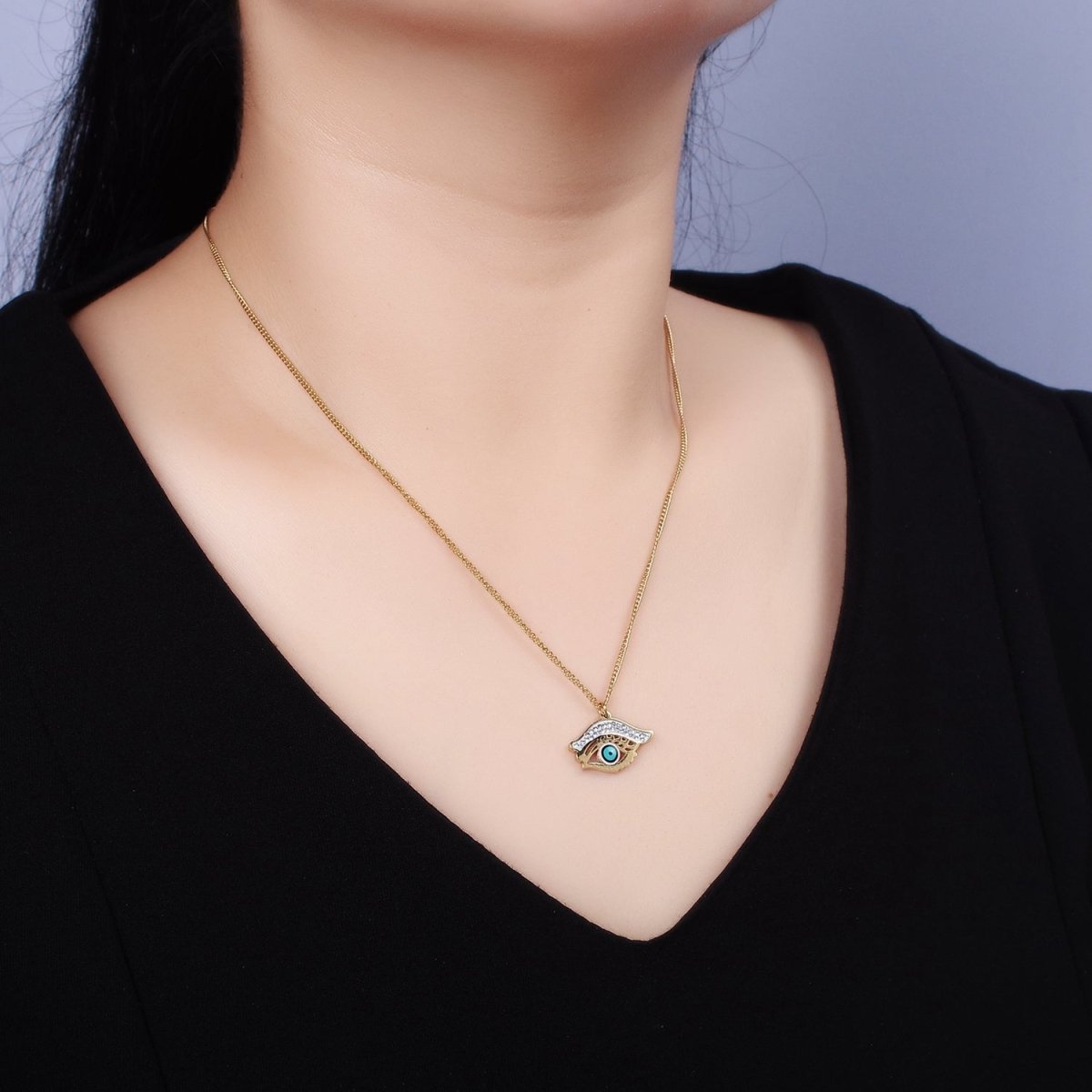 Stainless Steel Evil Eye Enamel Micro Paved CZ Charm 17 Inch Curb Chain Necklace | WA-2040 Clearance Pricing - DLUXCA