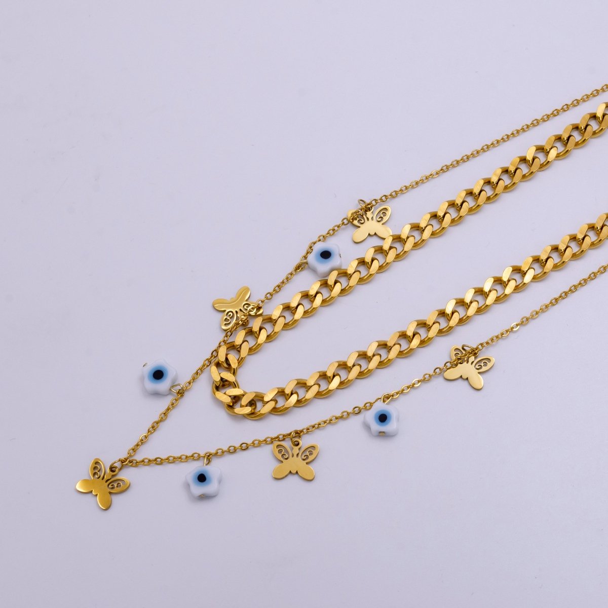 Stainless Steel Evil Eye Flower Butterfly Cable Curb Chain Double Layer Necklace | WA-2341 Clearance Pricing - DLUXCA