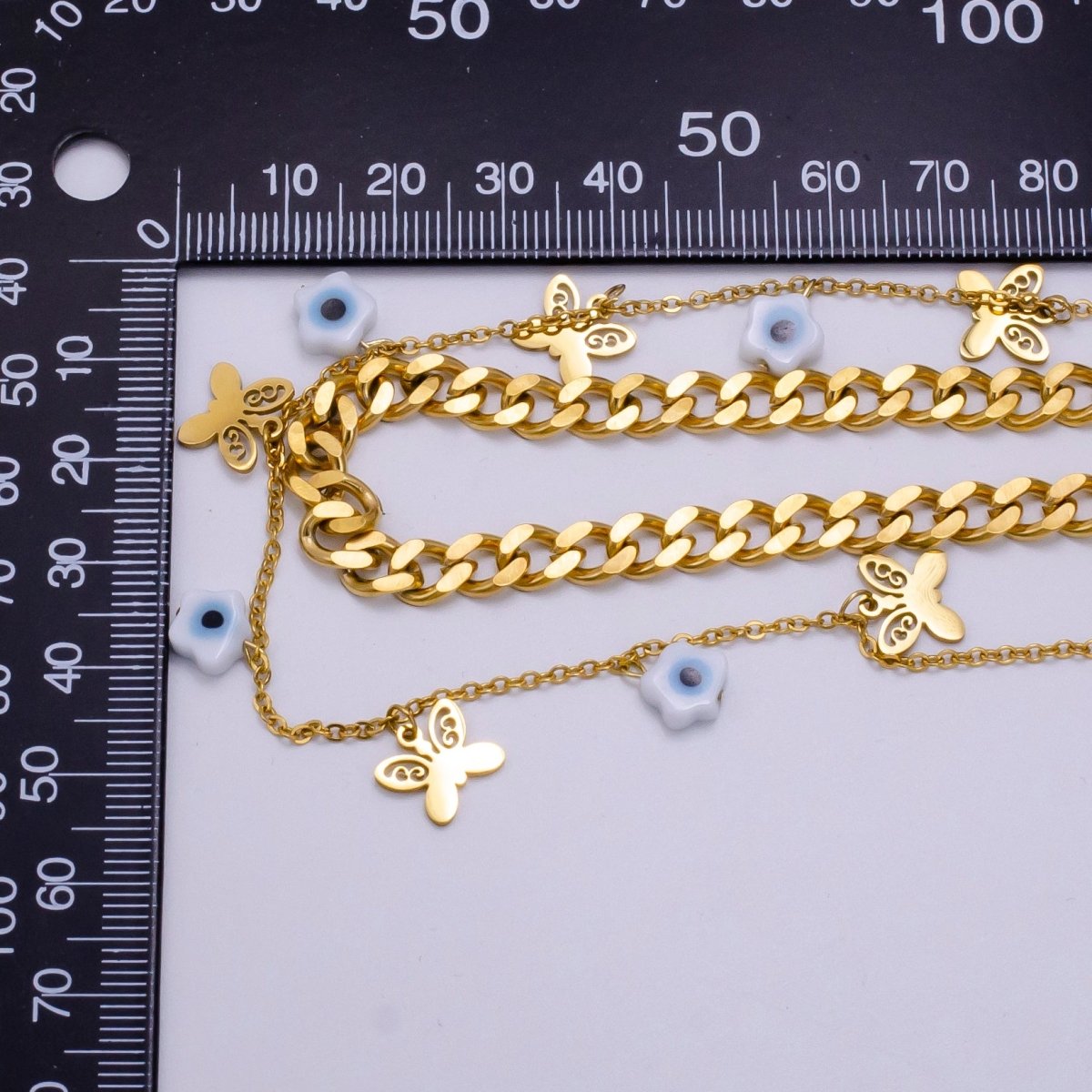 Stainless Steel Evil Eye Flower Butterfly Cable Curb Chain Double Layer Necklace | WA-2341 Clearance Pricing - DLUXCA