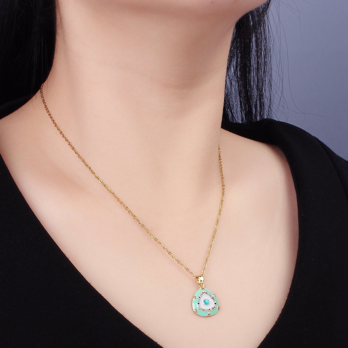 Stainless Steel Evil Eye Micro Paved Enamel Triangle Cable 16 Inch Choker Necklace | WA-2413 - DLUXCA