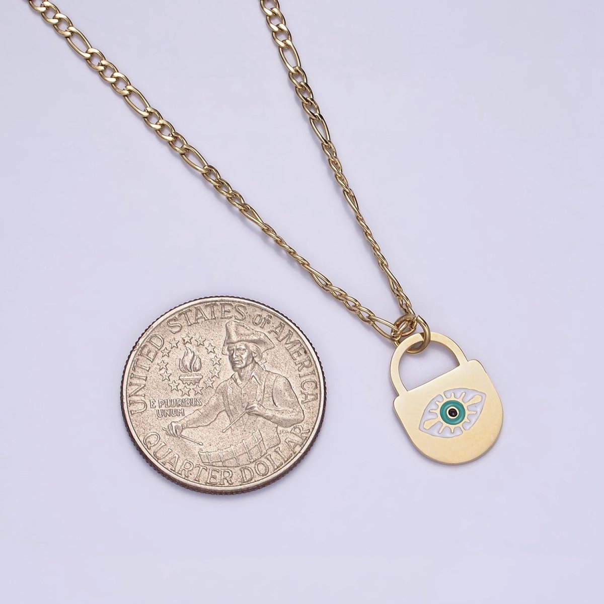 Stainless Steel Evil Eye Splatter Enamel Lock Layering 17 Inch Figaro Chain Necklace | WA-2045 Clearance Pricing - DLUXCA