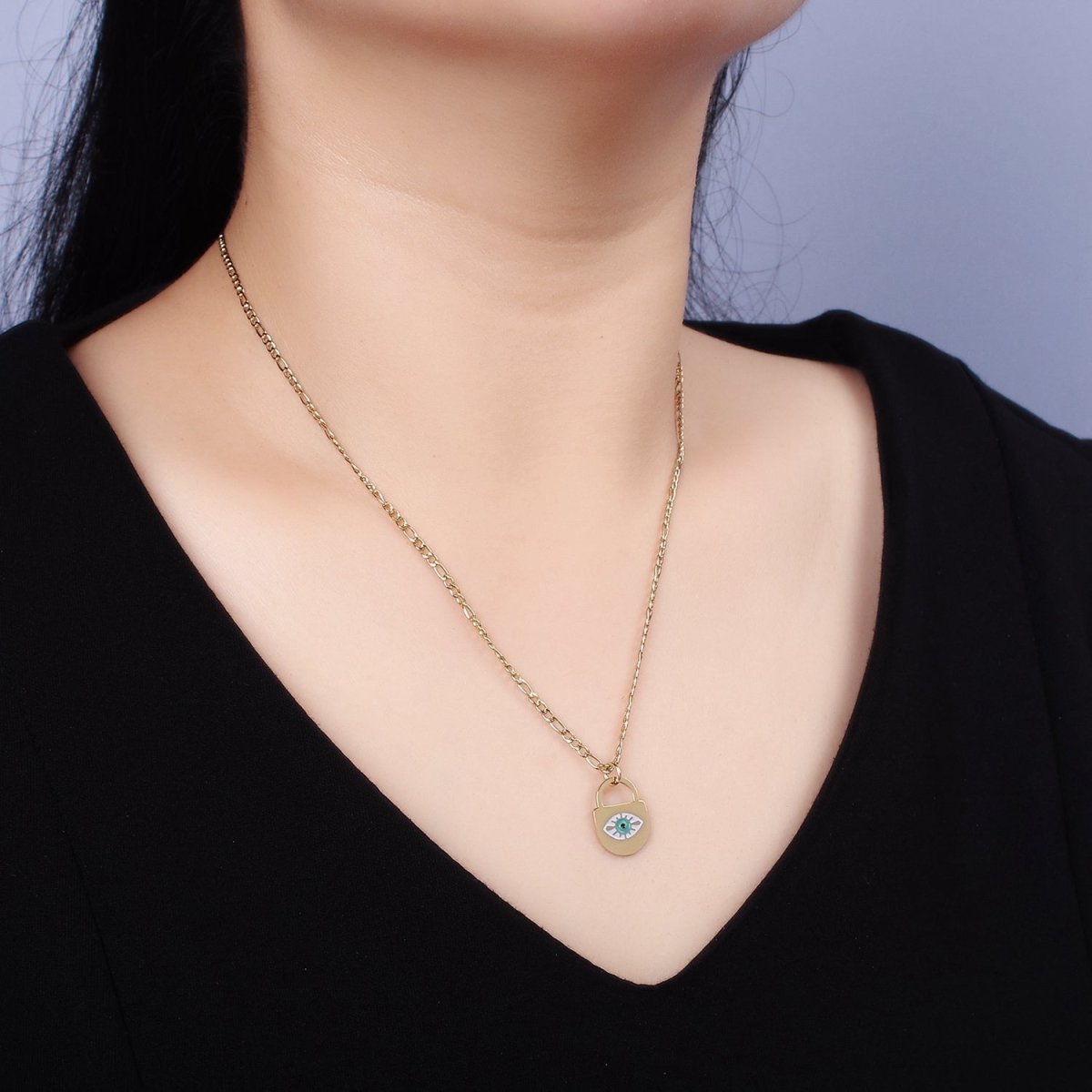 Stainless Steel Evil Eye Splatter Enamel Lock Layering 17 Inch Figaro Chain Necklace | WA-2045 Clearance Pricing - DLUXCA