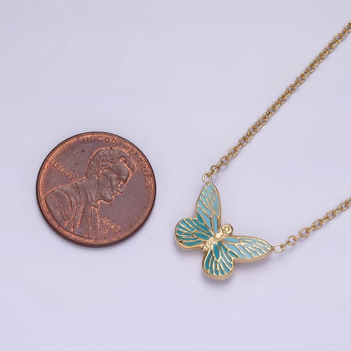 Stainless Steel Fairy Butterfly Wings Blue Enamel 17 Inch Cable Chain Necklace | WA-2059 Clearance Pricing - DLUXCA