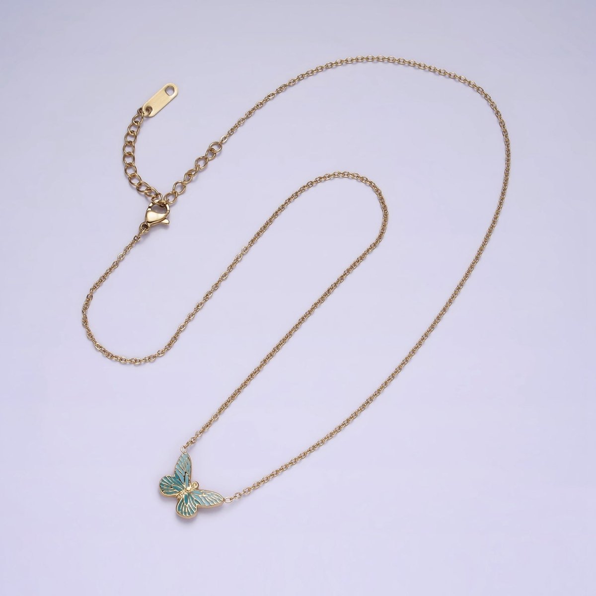 Stainless Steel Fairy Butterfly Wings Blue Enamel 17 Inch Cable Chain Necklace | WA-2059 Clearance Pricing - DLUXCA