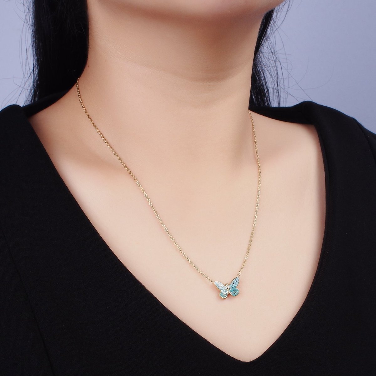 Stainless Steel Fairy Butterfly Wings Blue Enamel 17 Inch Cable Chain Necklace | WA-2059 Clearance Pricing - DLUXCA