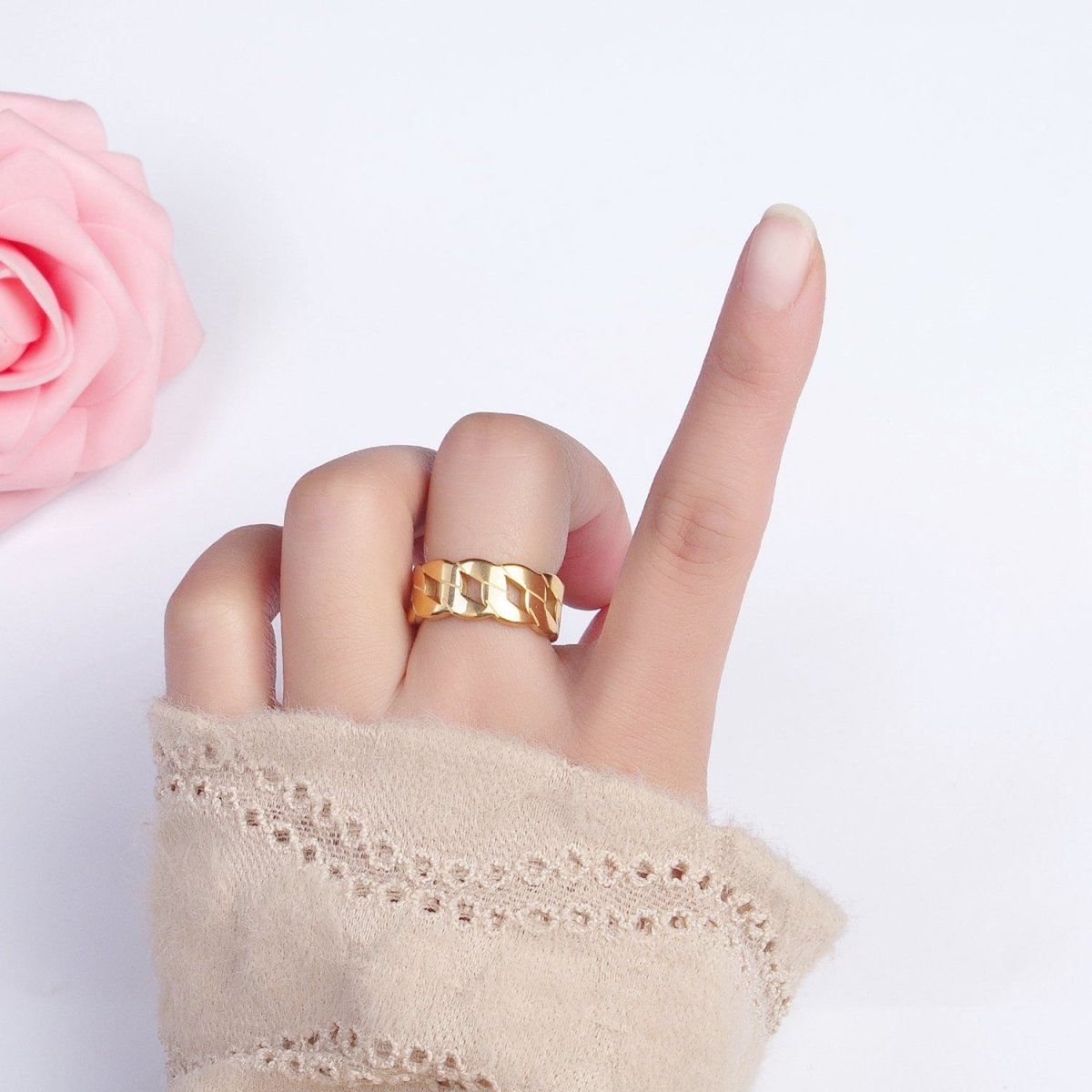 Stainless Steel Flat Curb Chain Link Ring in Gold & Silver | O-1765~O-1772 - DLUXCA