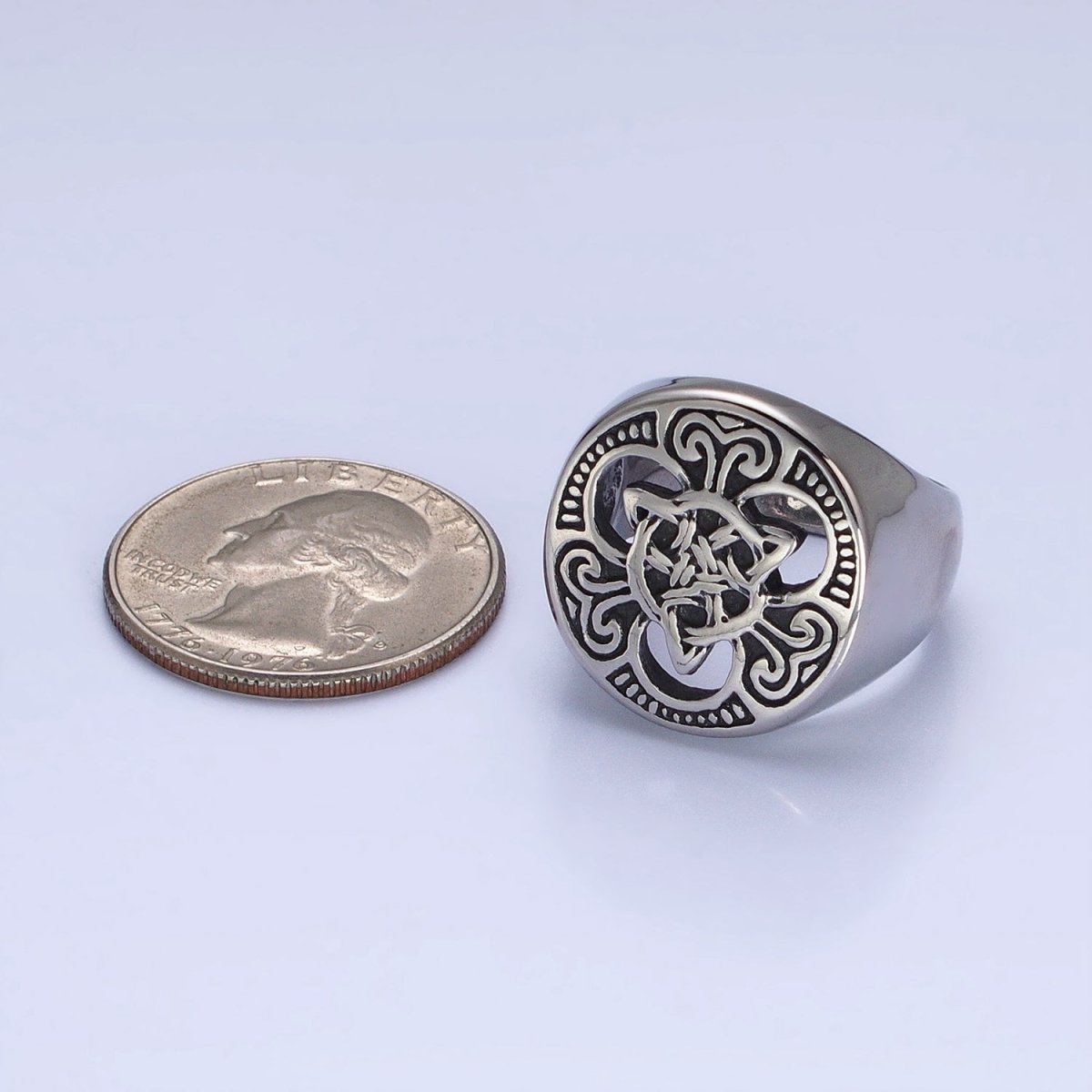 Stainless Steel Geometric Celtic Knot Cross Round Signet Silver Ring | O-1841~O-1844 - DLUXCA