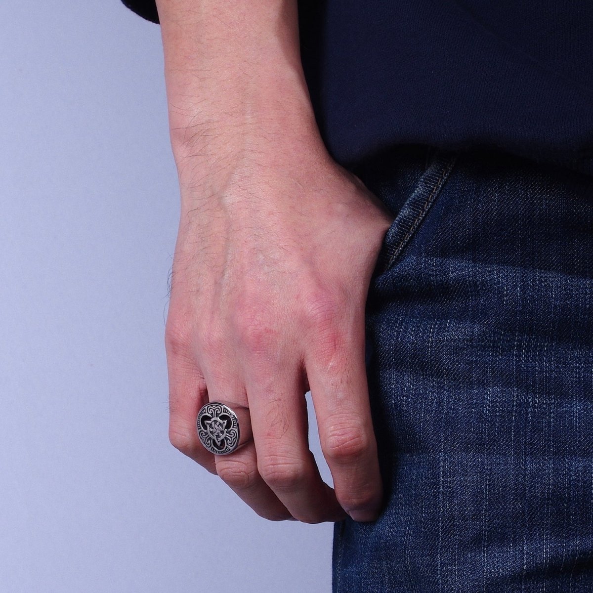 Stainless Steel Geometric Celtic Knot Cross Round Signet Silver Ring | O-1841~O-1844 - DLUXCA