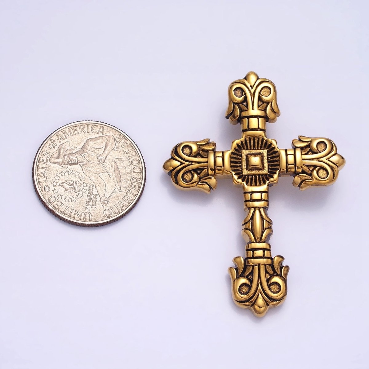 Stainless Steel Geometric Engraved Religious Cross Pendant in Silver & Gold | P1130 - DLUXCA