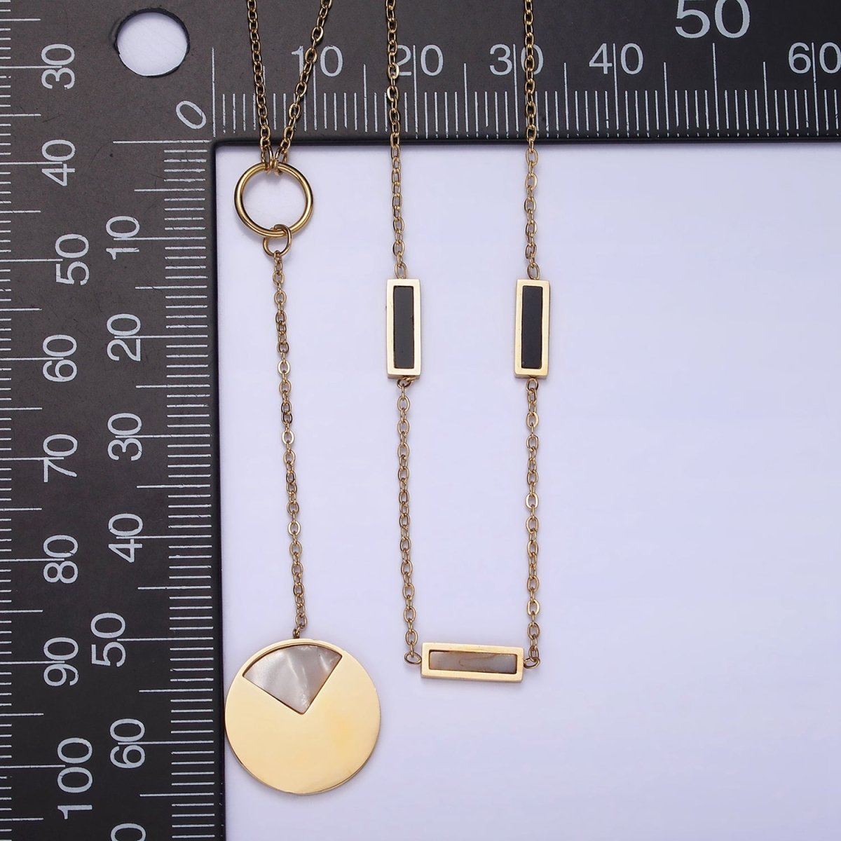 Stainless Steel Geometric Shell Pearl, Black Bar Lariat Round Pearl Cable Double Layer Stack Necklace | WA-2083 Clearance Pricing - DLUXCA