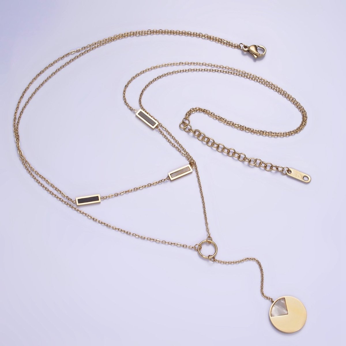 Stainless Steel Geometric Shell Pearl, Black Bar Lariat Round Pearl Cable Double Layer Stack Necklace | WA-2083 Clearance Pricing - DLUXCA