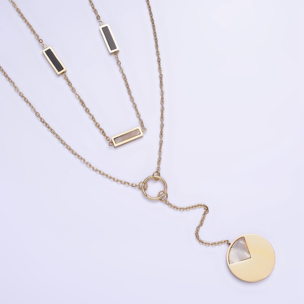 Stainless Steel Geometric Shell Pearl, Black Bar Lariat Round Pearl Cable Double Layer Stack Necklace | WA-2083 Clearance Pricing - DLUXCA