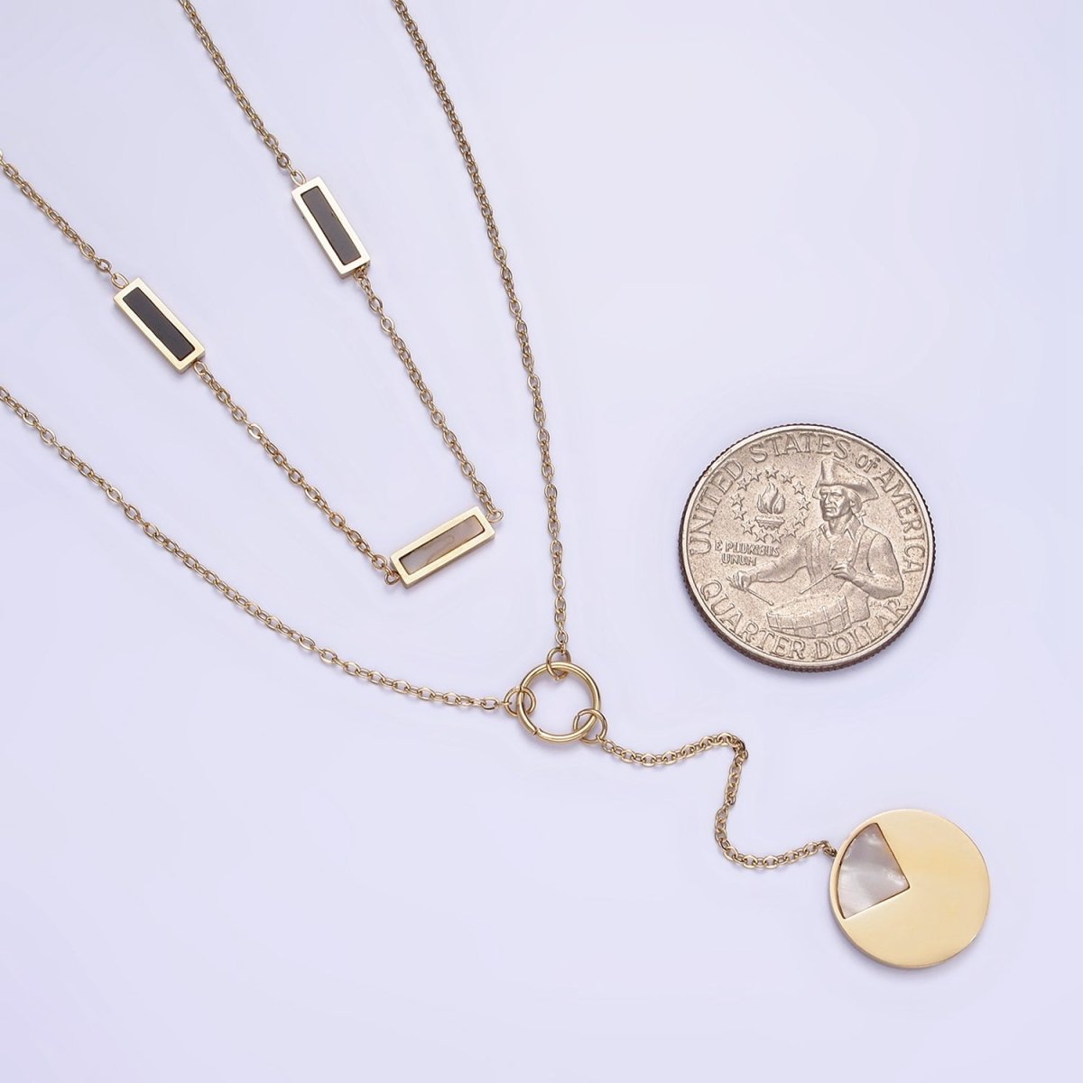 Stainless Steel Geometric Shell Pearl, Black Bar Lariat Round Pearl Cable Double Layer Stack Necklace | WA-2083 Clearance Pricing - DLUXCA