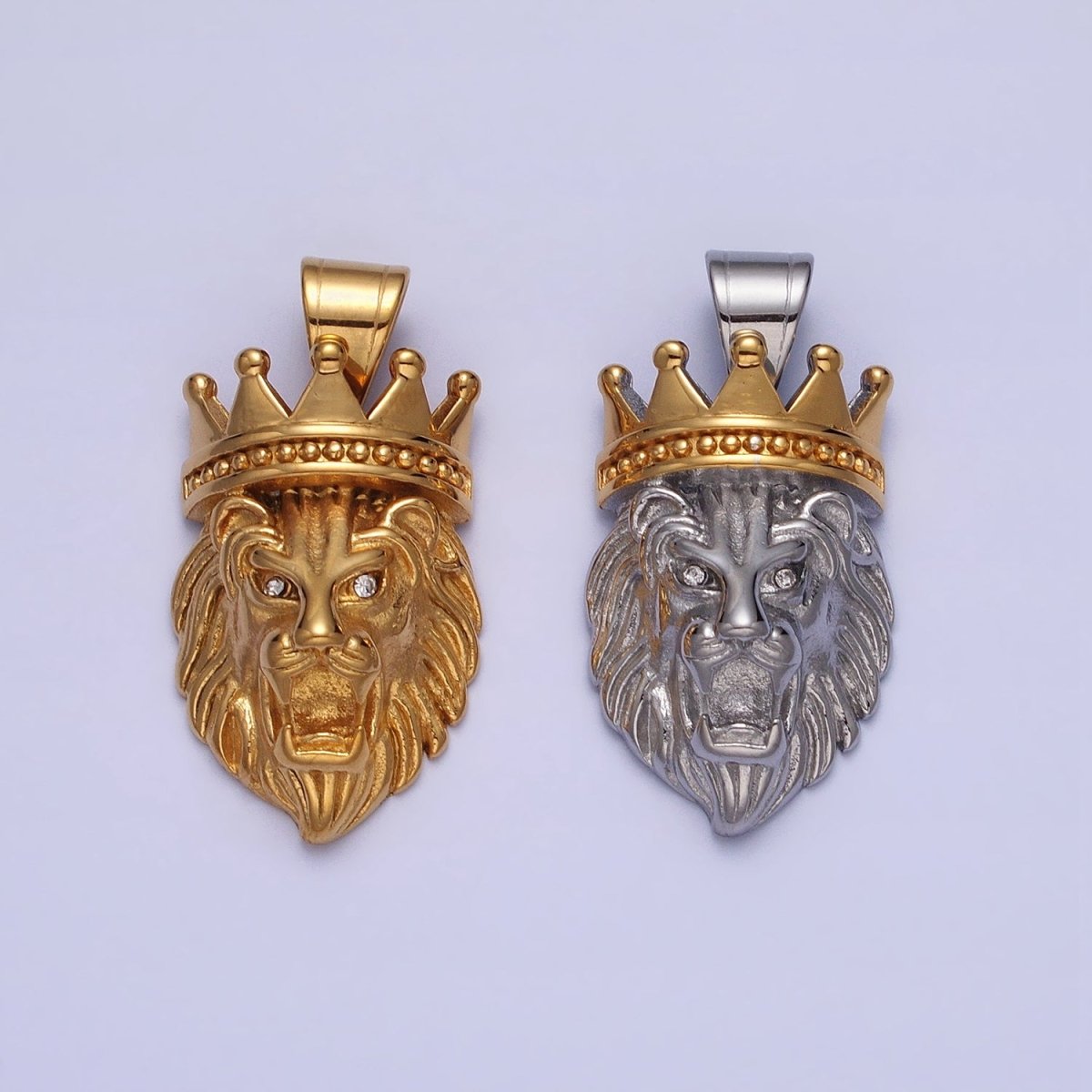 Stainless Steel Gold Crowned Roaring Lion King Pendant in Gold & Silver J-749 J-752 - DLUXCA